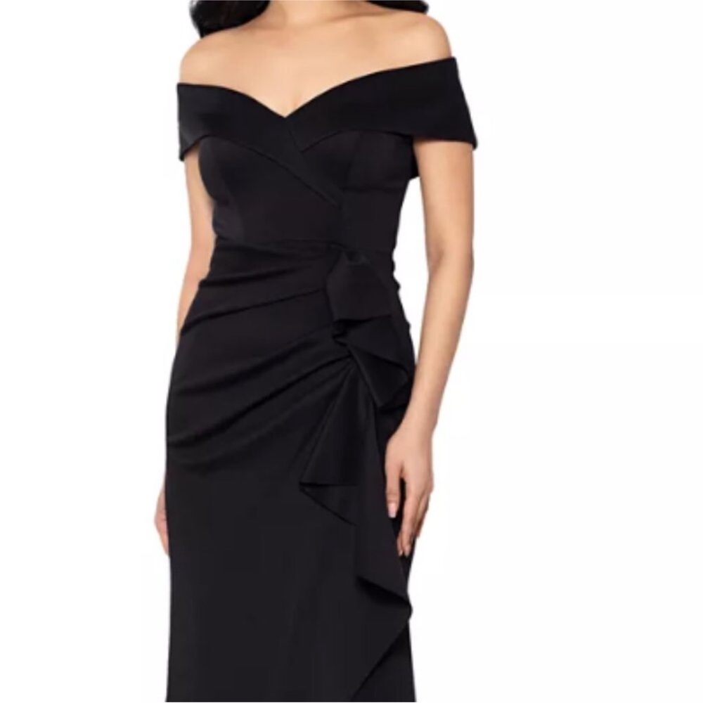 Xscape Black Off-Shoulder Ruffle Sheath Dress
